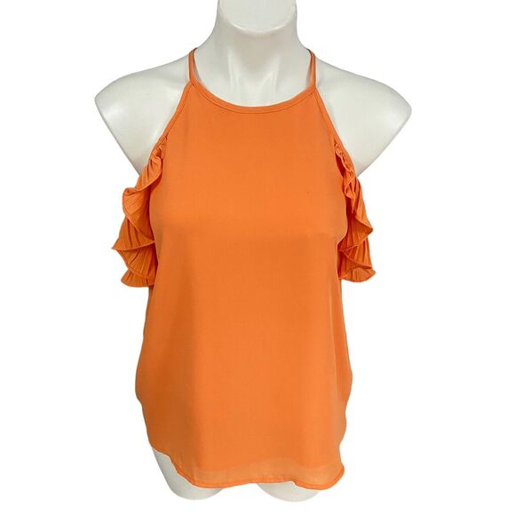 Shinestar Top Womens Small Orange Ruffle Fall Harvest Cold Shoulder Work Office - Picture 8 of 16
